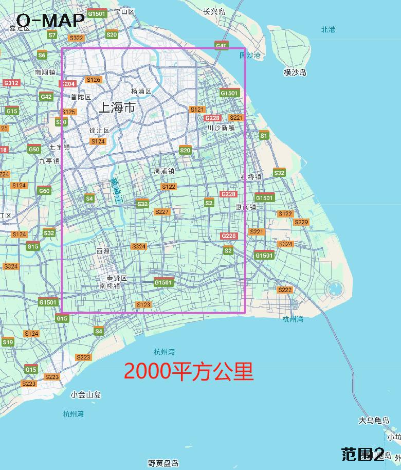 上海市主城区【2000-4000】平方公里范围示意图