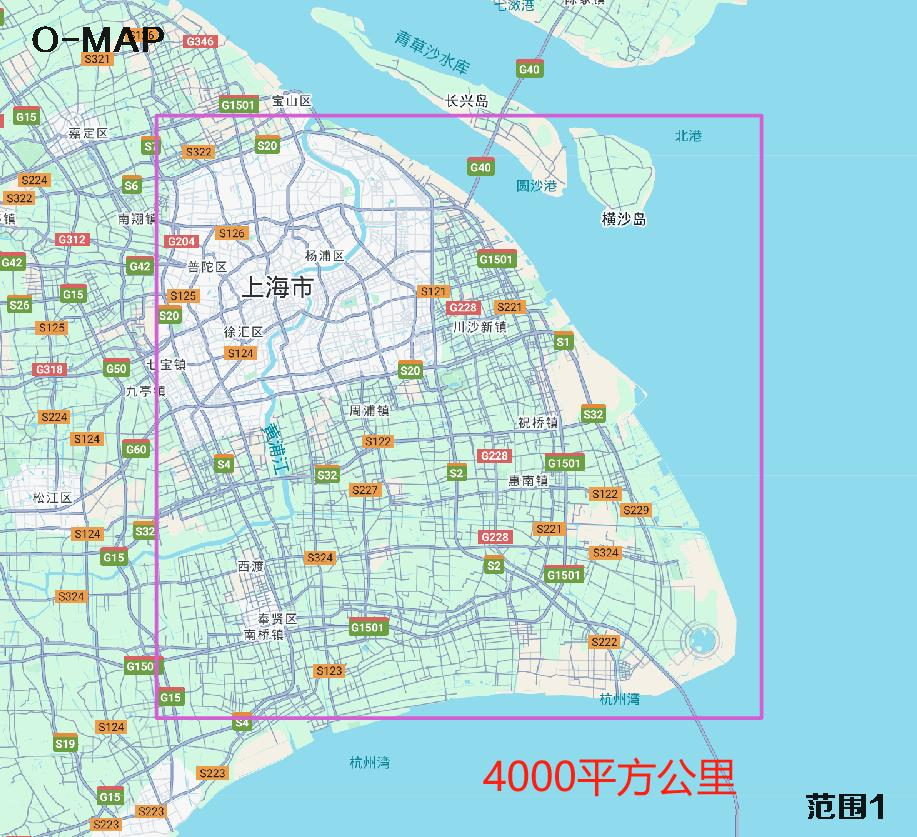 上海市主城区【2000-4000】平方公里范围示意图