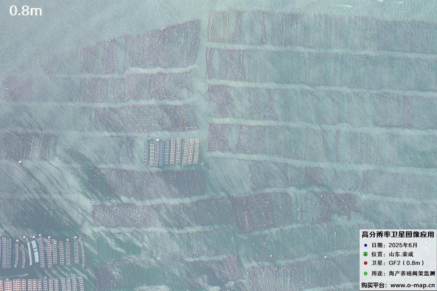 0.8米GF2卫星拍摄的山东省荣成市沿海养殖阀架卫星图像