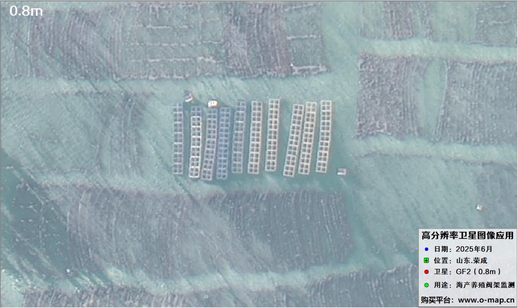 0.8米GF2卫星拍摄的山东省荣成市沿海养殖阀架卫星图像