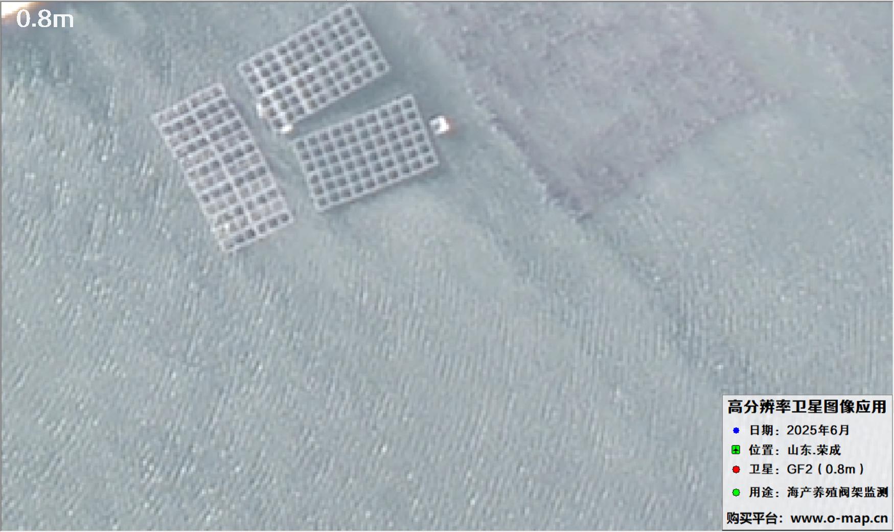 0.8米GF2卫星拍摄的山东省荣成市沿海养殖阀架卫星图像