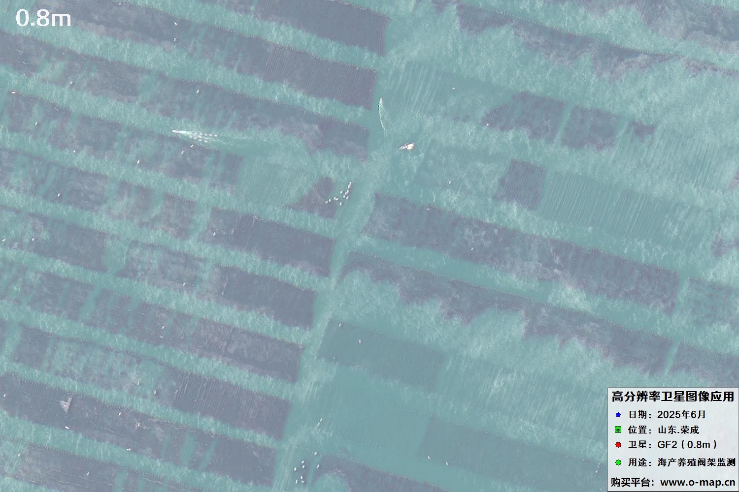 0.8米GF2卫星拍摄的山东省荣成市沿海养殖阀架卫星图像