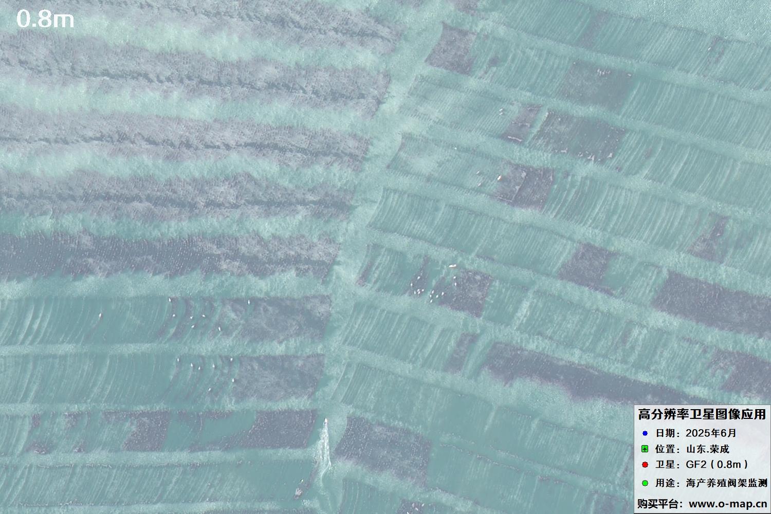 0.8米GF2卫星拍摄的山东省荣成市沿海养殖阀架卫星图像