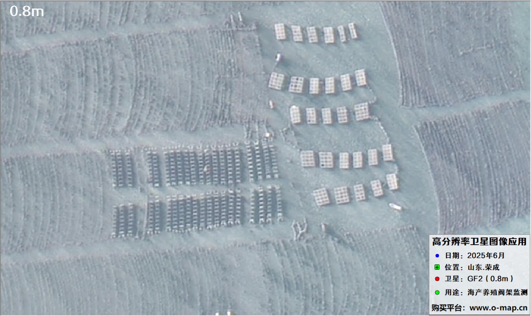 0.8米GF2卫星拍摄的山东省荣成市沿海养殖阀架卫星图像