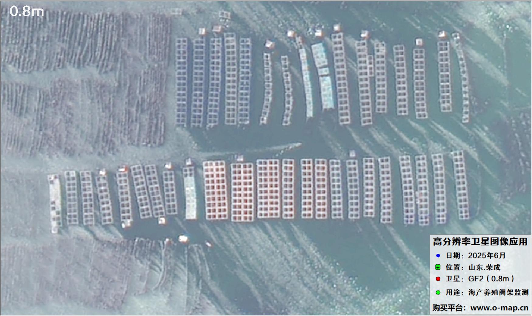 0.8米GF2卫星拍摄的山东省荣成市沿海养殖阀架卫星图像