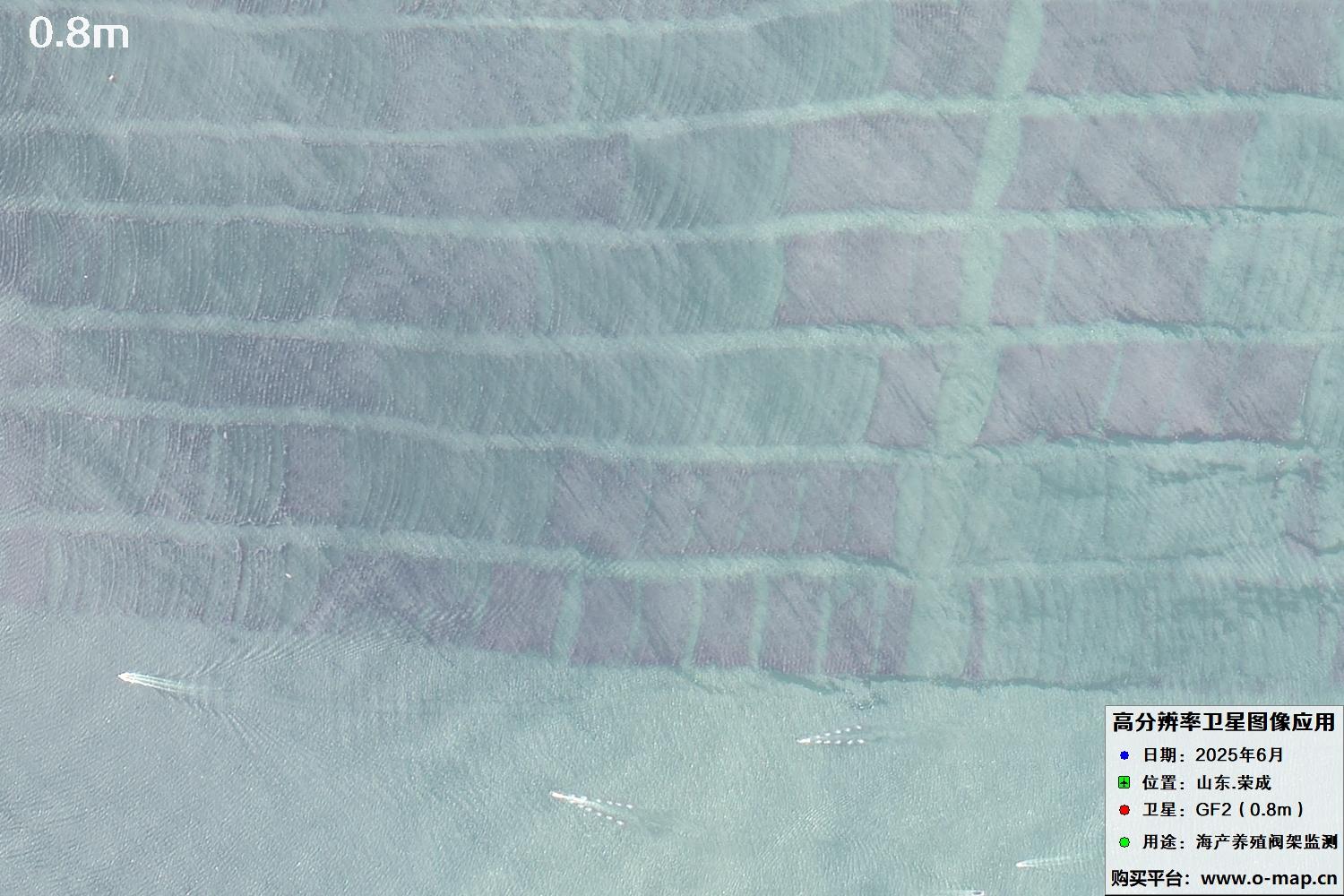 0.8米GF2卫星拍摄的山东省荣成市沿海养殖阀架卫星图像