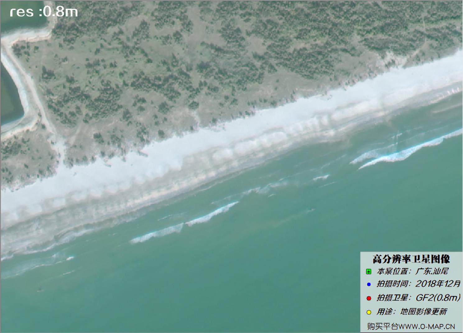 0.8米GF2卫星拍摄沙滩海岸线图像