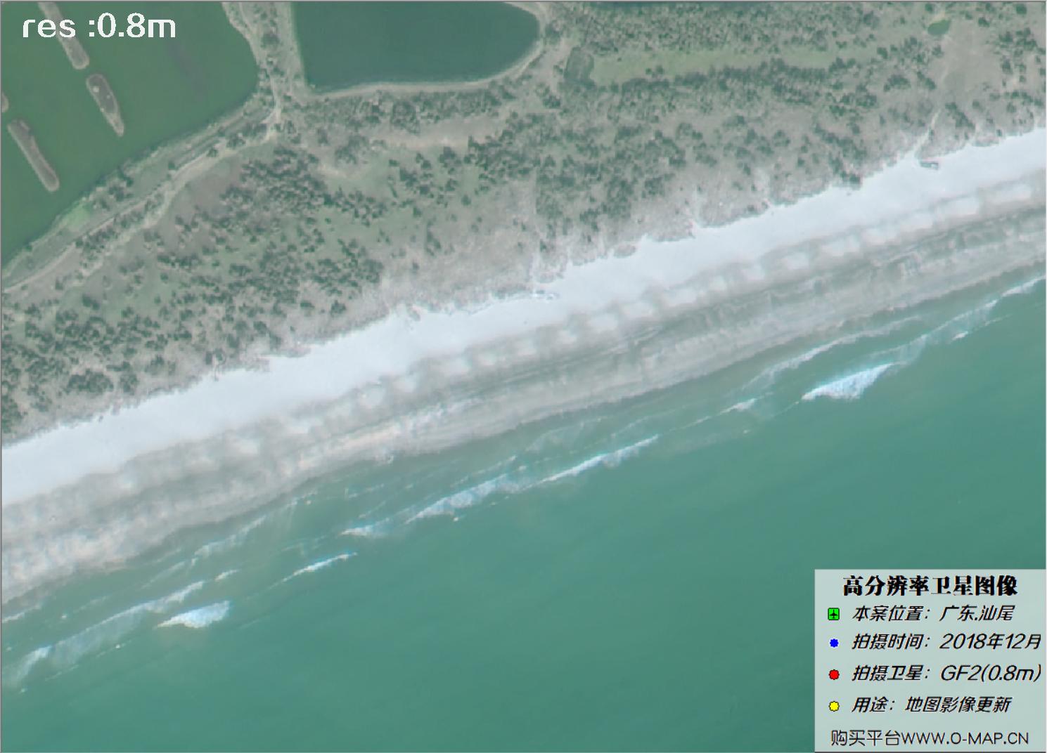 0.8米GF2卫星拍摄沙滩海岸线图像