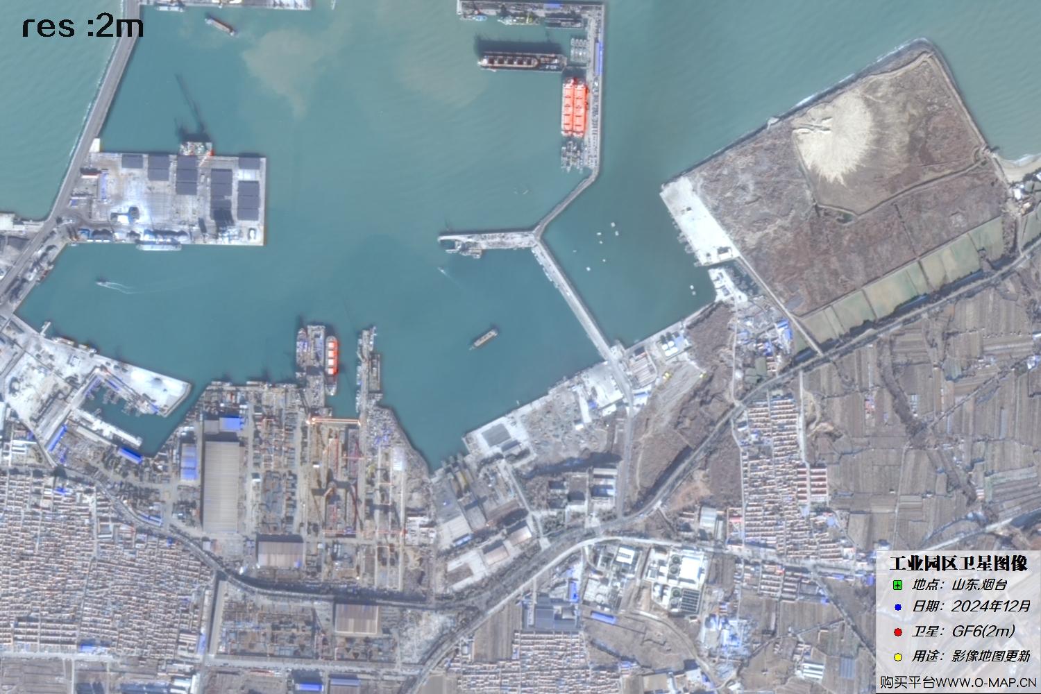 2米分辨率GF6高分六号卫星2024年冬季拍摄的烟台市卫星图像