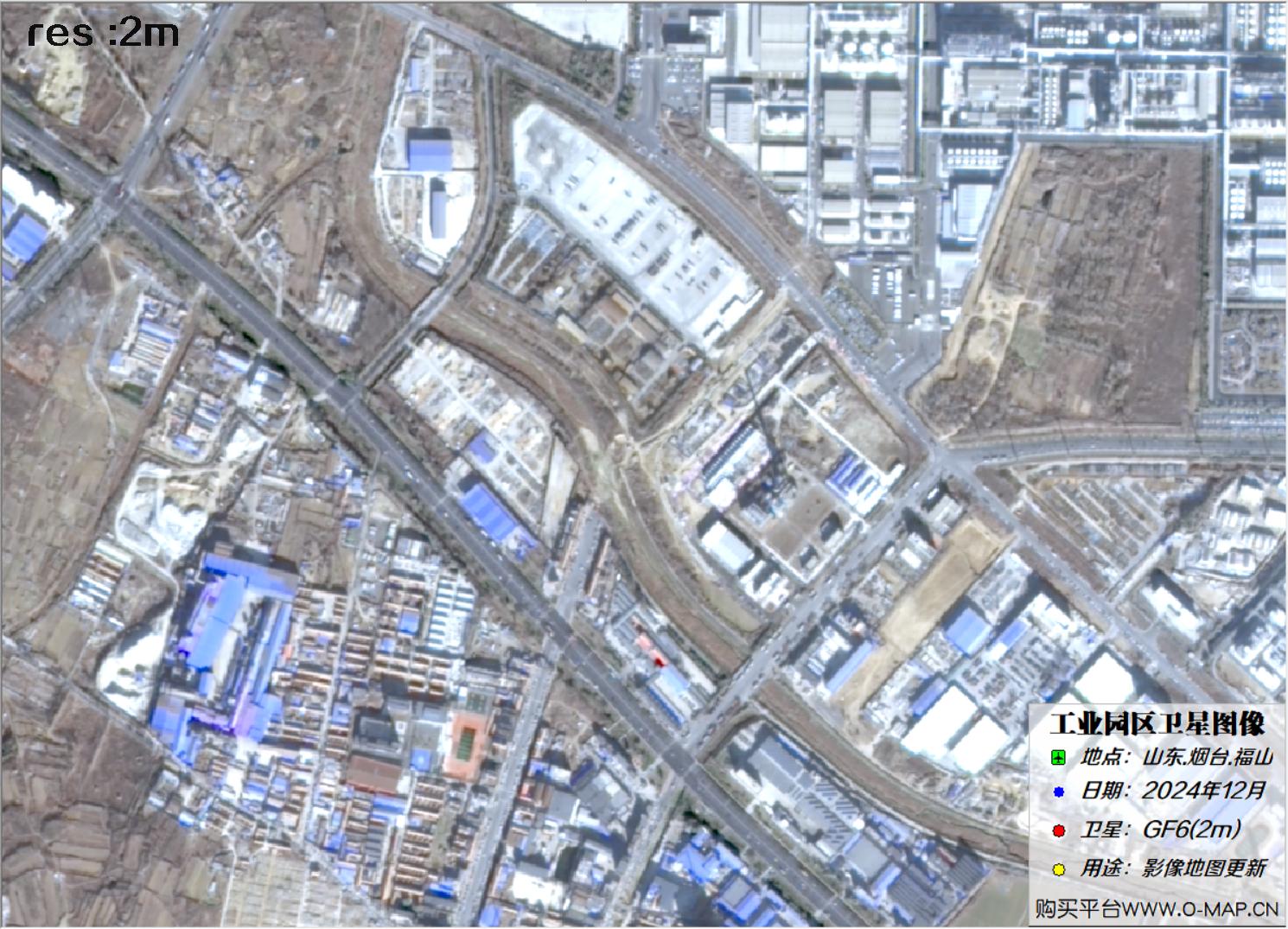 2米分辨率高分六号GF6卫星2024年拍摄的烟台市福山工业园区卫星图像
