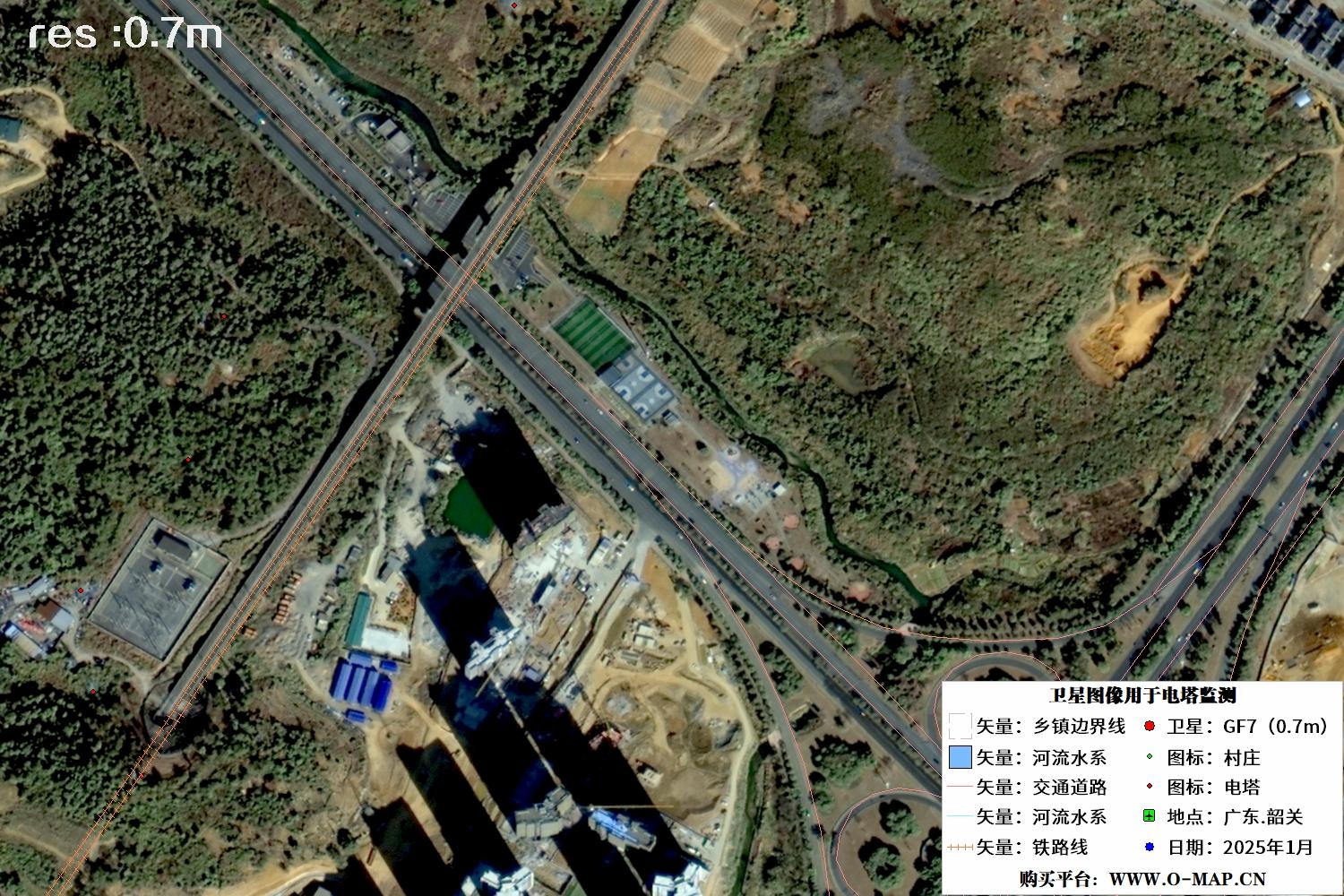 0.7米高分七号卫星拍摄的韶关市电力塔架卫星图片