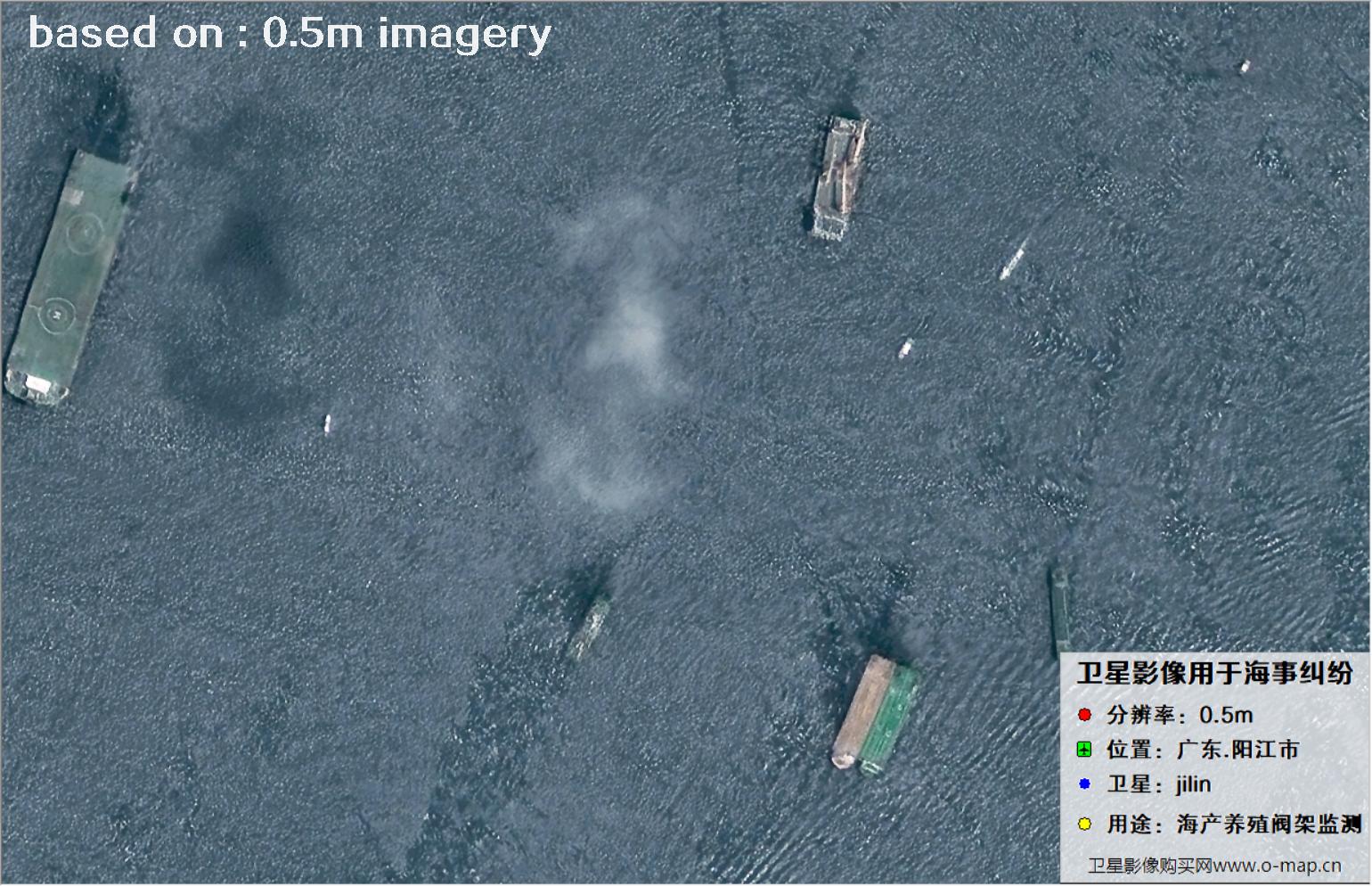 0.5米分辨率卫星2024年拍摄的阳江市海产养殖阀架卫星图像