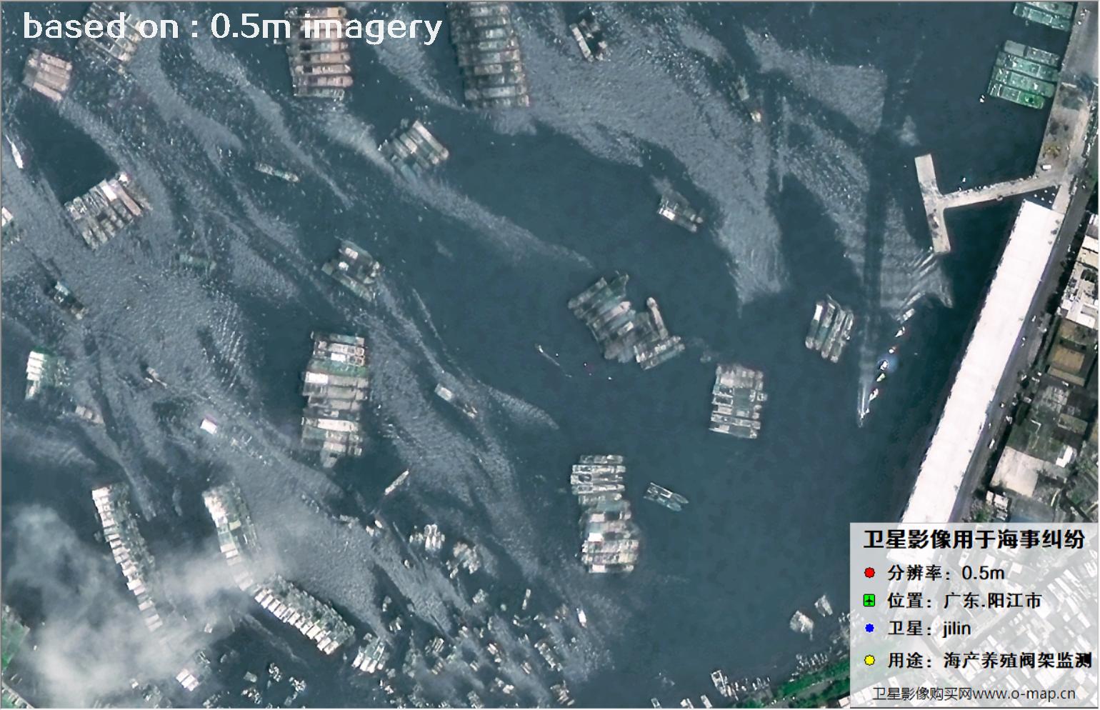 0.5米分辨率卫星2024年拍摄的阳江市海产养殖阀架卫星图像