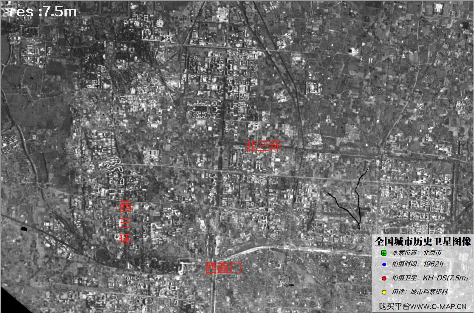7.5米KeyHole卫星DS传感器1962年拍摄的北京市历史影像图