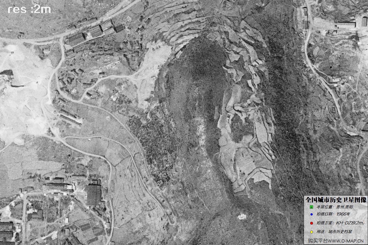 2米KeyHole卫星DZB传感器1966年拍摄的贵阳市历史影像图