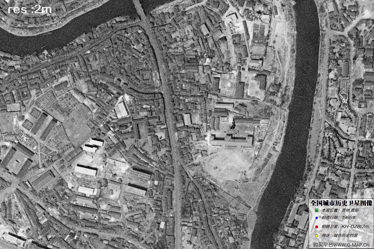 2米KeyHole卫星DZB传感器1966年拍摄的贵阳市历史影像图