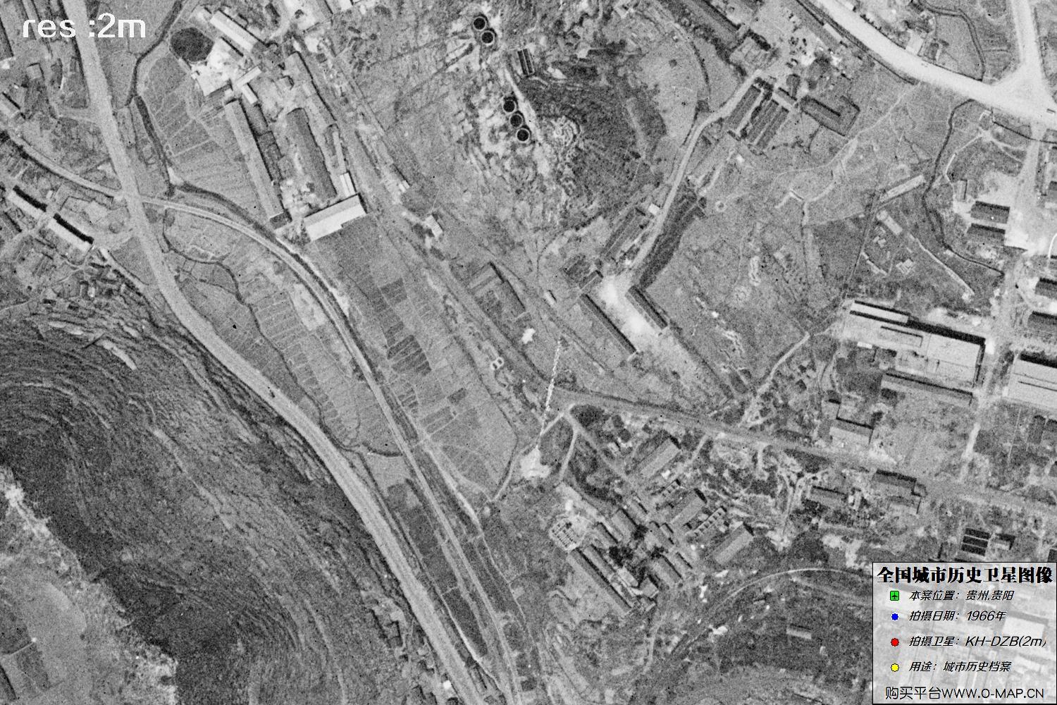 2米KeyHole卫星DZB传感器1966年拍摄的贵阳市历史影像图