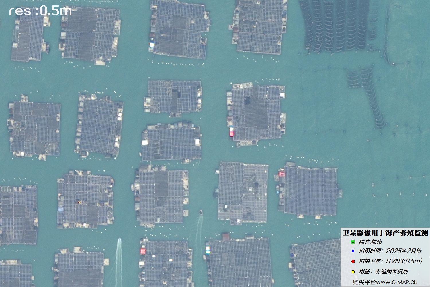 0.5米SVN3卫星2025年2月份拍摄的福州海产养殖阀架卫星图像