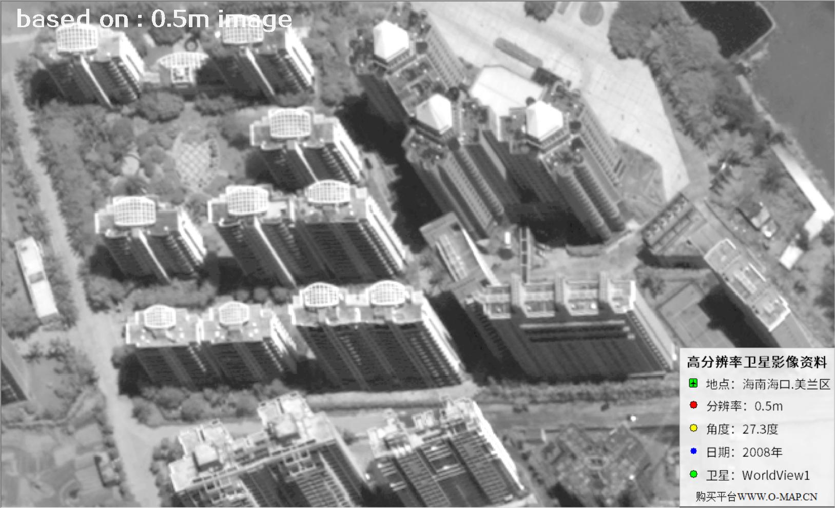 WorldView1卫星大角度拍摄的海口市高层楼房