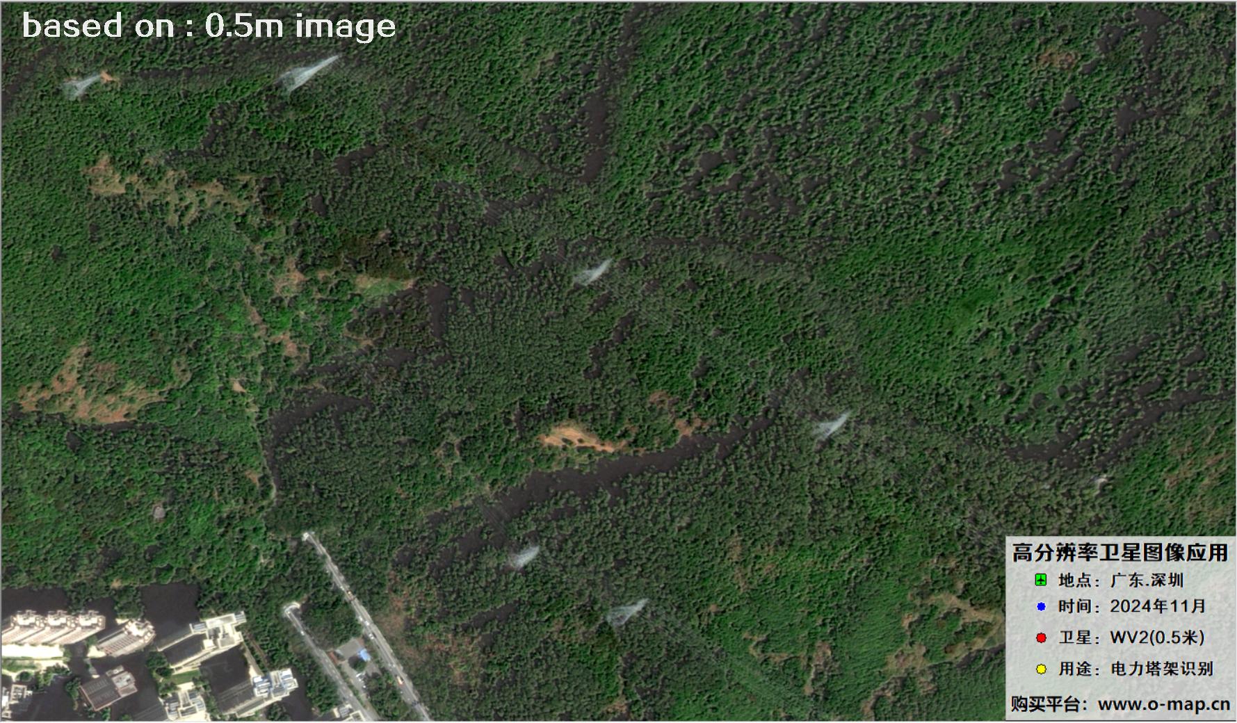 0.5米分辨率WorldView2卫星2024年拍摄的深圳市电力塔架卫星图像