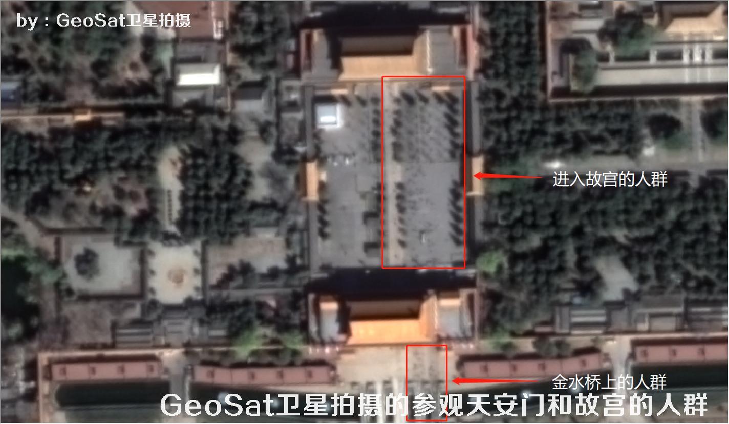 0.75米分辨率GeoSat卫星拍摄的参观天安门和故宫的人群