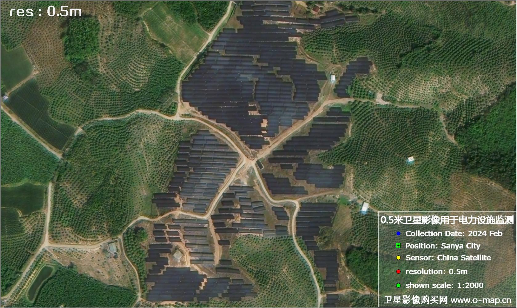 0.5米分辨率卫星在三亚市拍摄的电塔、变电站和太阳能发电站