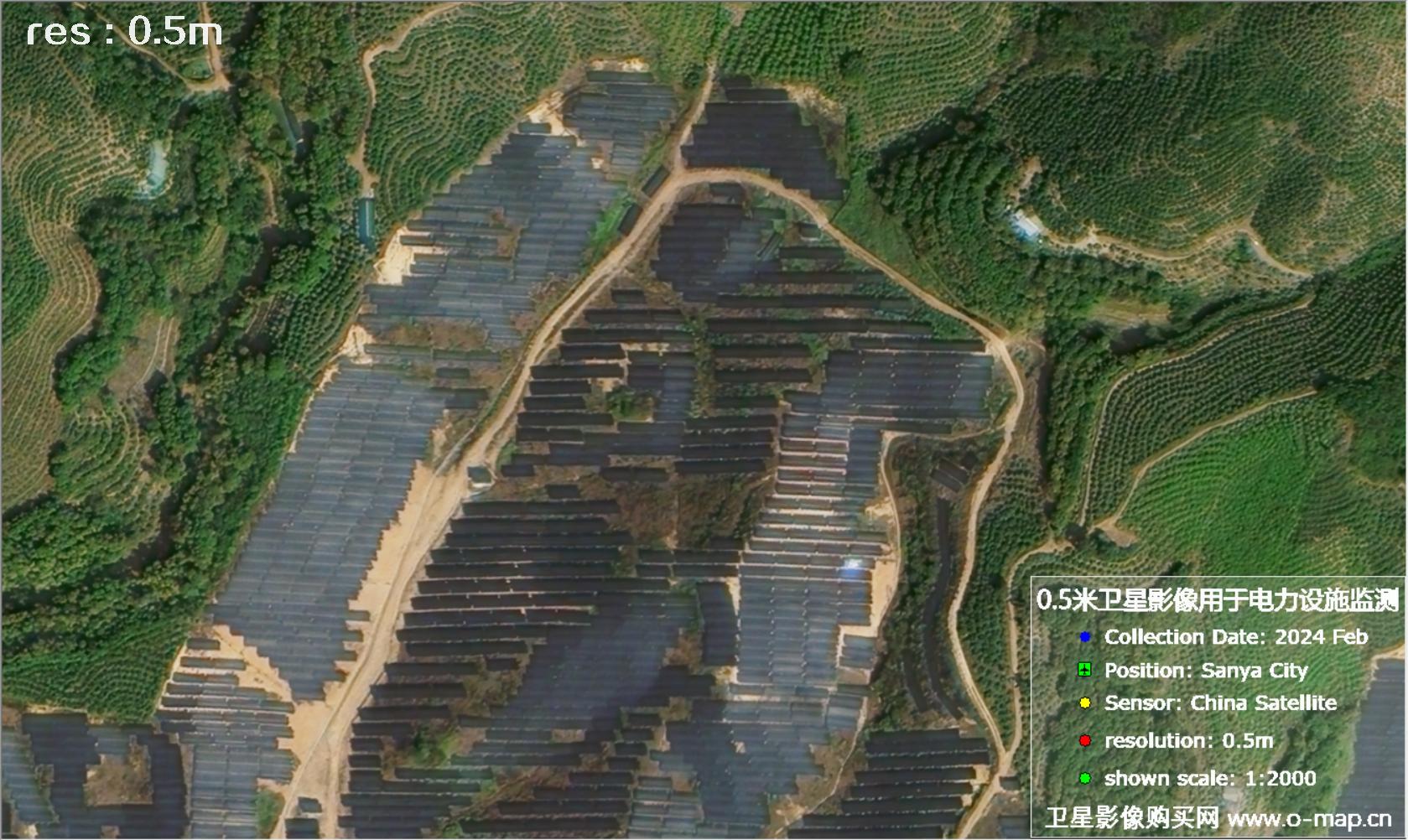 0.5米分辨率卫星在三亚市拍摄的电塔、变电站和太阳能发电站
