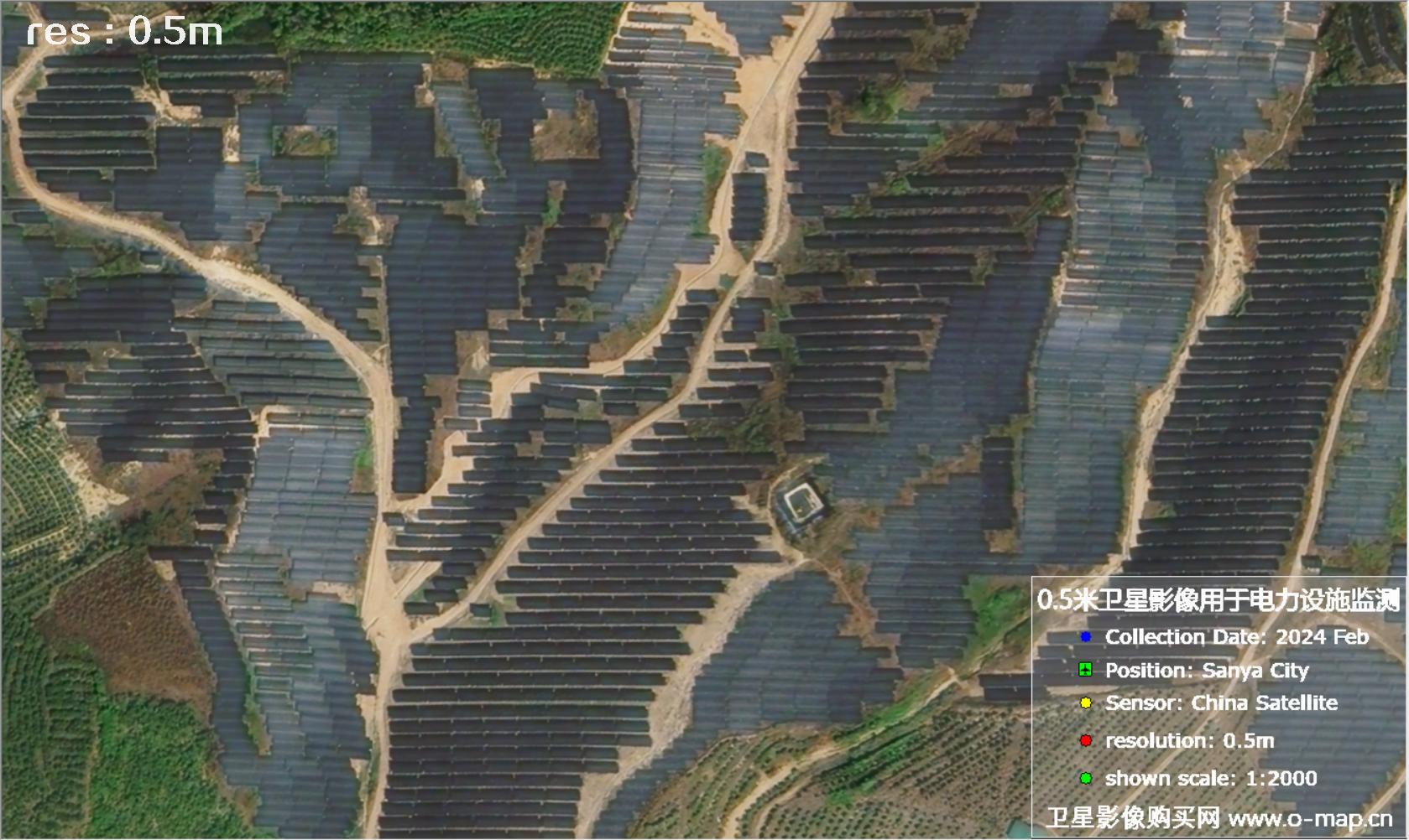 0.5米分辨率卫星在三亚市拍摄的电塔、变电站和太阳能发电站